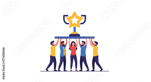 Diverse team of colleagues working together to hold up a giant golden trophy, symbolizing teamwork, achievement, and shared success.