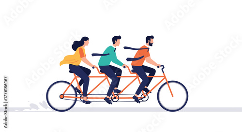 Three business professionals riding a tandem bicycle together, a metaphor for teamwork, collaboration, and synchronized effort.