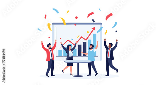 Excited and diverse business team celebrating success in front of a rising stock chart, with confetti falling all around them.