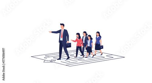 Male business leader guiding a team of female employees through a complex maze, symbolizing mentorship, direction, and leadership.