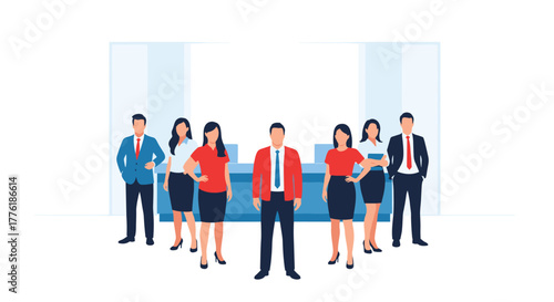 Confident business team of men and women standing together in a modern office, representing leadership, teamwork, and corporate success.