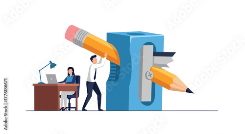 Concept of professional development with a man sharpening a giant pencil while a woman works at her desk in the background.