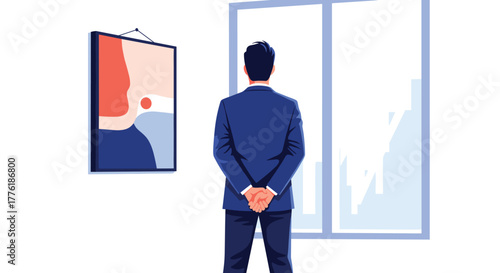 Businessman in a suit seen from behind, looking out a large window in a minimalist office with a single piece of art.