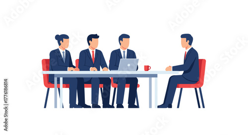 Job applicant being interviewed by a panel of three managers in a formal corporate setting, depicting a recruitment process.