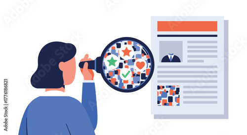 Recruiter closely examining a candidate's resume with a magnifying glass, revealing hidden skills, achievements, and talents.