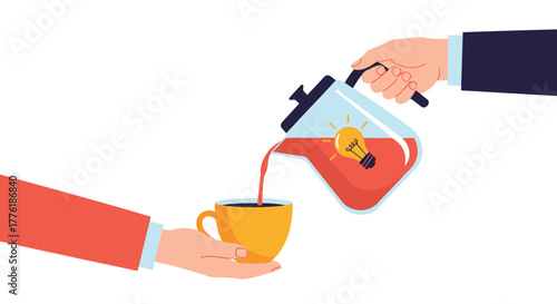 Sharing a creative idea by pouring it from a pitcher into another person's cup, symbolizing brainstorming and inspiration.