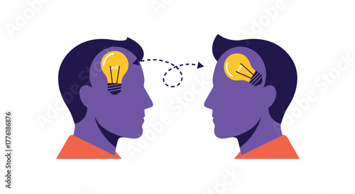 Transferring a bright idea from one person to another, symbolizing knowledge sharing, mentorship, and creative collaboration.