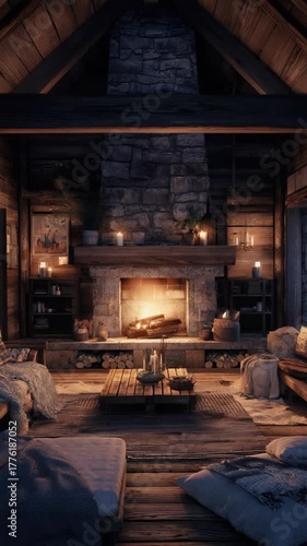Wallpaper Mural Cozy rustic living room with a warm fireplace in a log cabin setting Torontodigital.ca