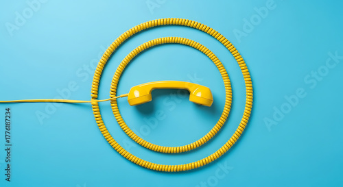 Vibrant Yellow Retro Telephone Handset on Light Blue Background: Conceptual Still Life for Communication, Customer Support, and Vintage Technology Themes (150/190)
