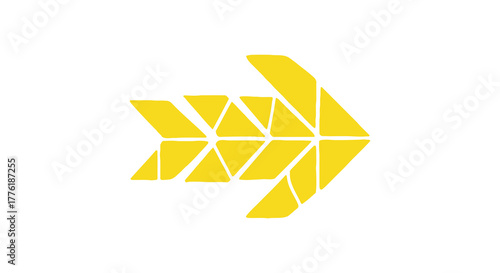 Abstract geometric arrow shape composed of yellow triangles pointing right on a white background symbolizing progress and direction