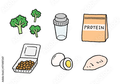 タンパク質を含む食品とプロテインの手描きイラスト