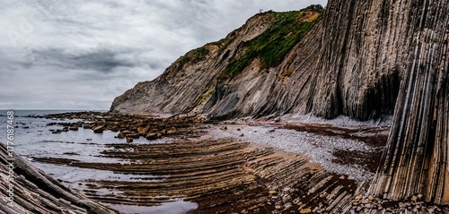 Layered Flysch Cliffs and Rock Formations at Low Tide on Itzurun Beach in Zumaia, Basque Country, Spain