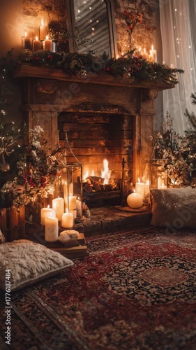 Wallpaper Mural Cozy winter ambiance with lit fireplace and candlelit holiday decor Torontodigital.ca
