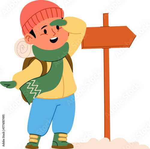 Winter Hiker with Signpost