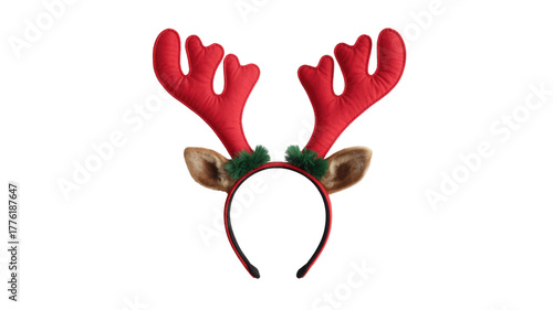 A festive reindeer antler headband featuring soft red antlers, furry brown ears, and green holiday trim on a solid background. background removed