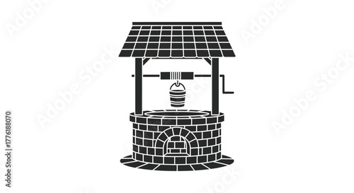 Classic wishing well illustration with stone brick construction and a pitched roof design