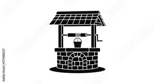Simple silhouette of a traditional wishing well with a bucket and crank on a white background