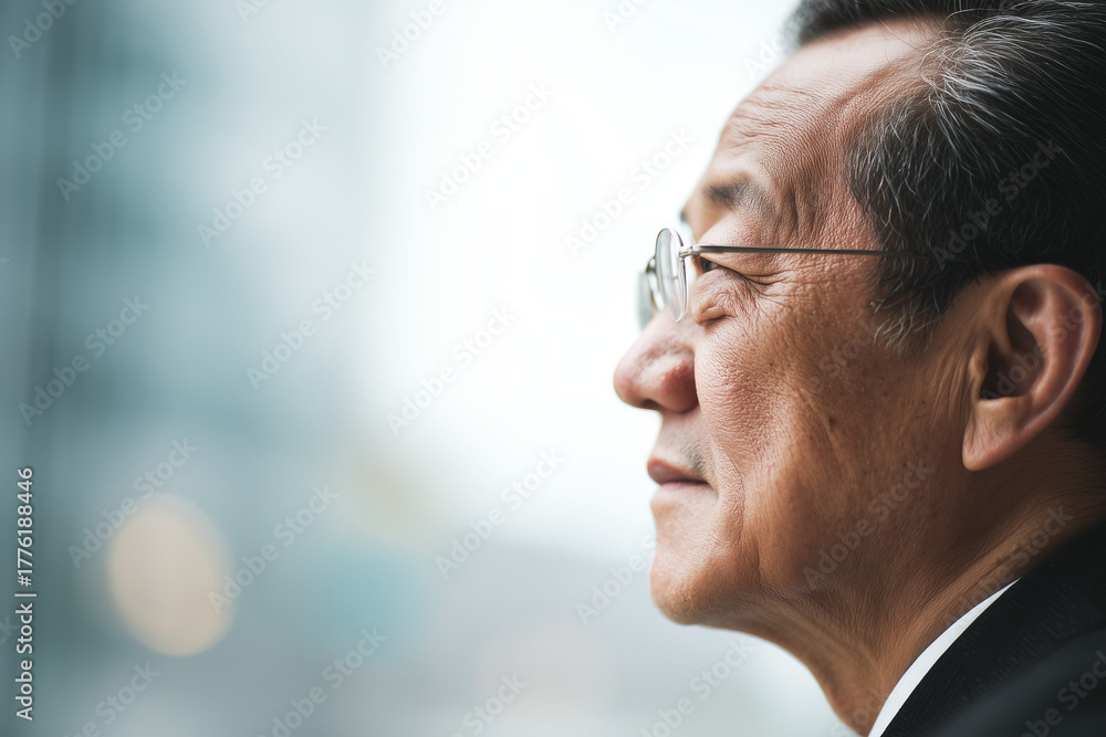 Obraz premium Side profile portrait of a business asianman, 50 years old, office background with copyspace