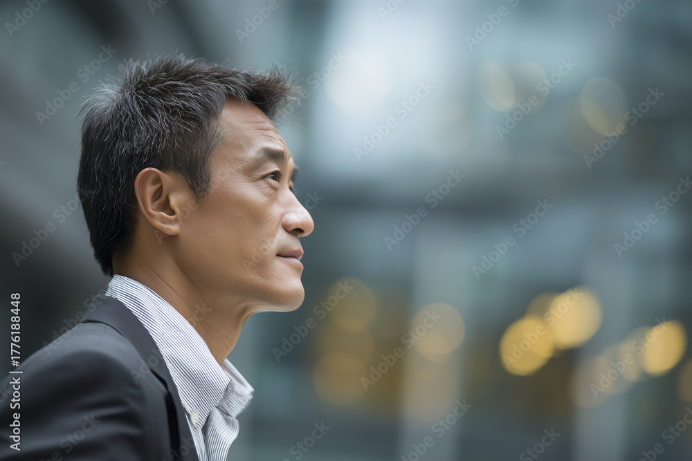 Fototapeta premium Side profile portrait of a business asianman, 50 years old, office background with copyspace