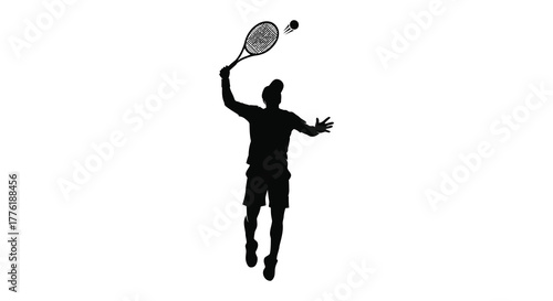 Silhouette of a male tennis player in mid air serving the ball with a racket on a white background