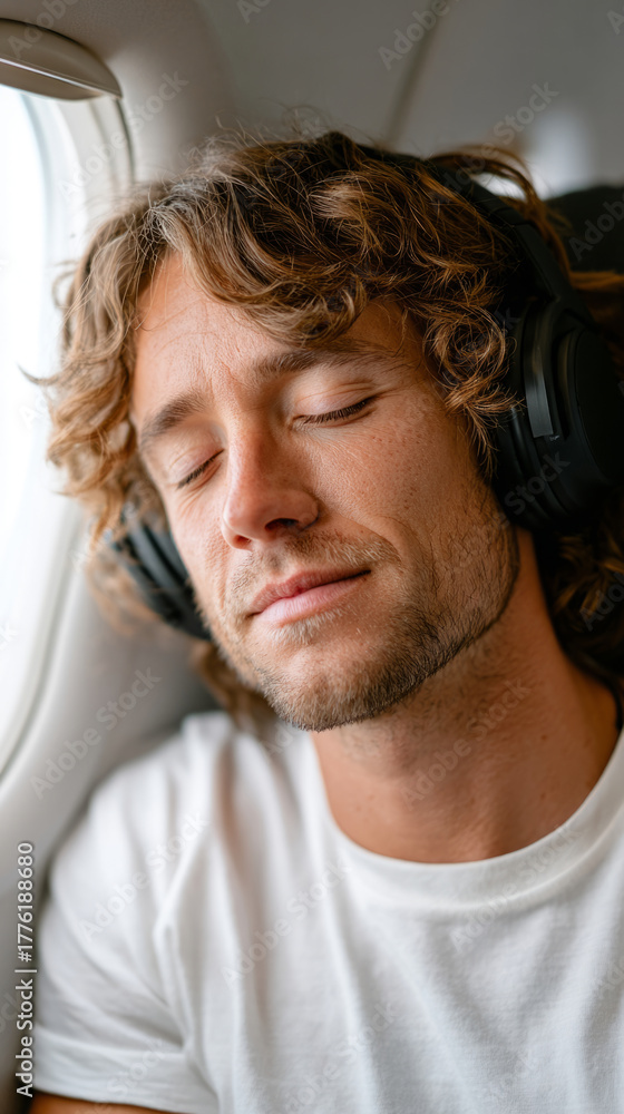 Fototapeta premium Relaxed traveler listening to music on plane journey