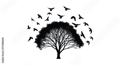 Silhouette of a large tree with intricate branches and a flock of birds flying away from its canopy against a white background