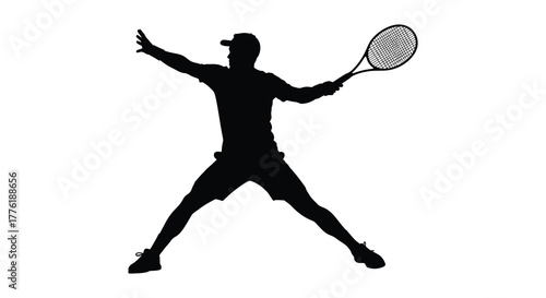 Silhouette of a male tennis player in action mid serve with a racket against a white background