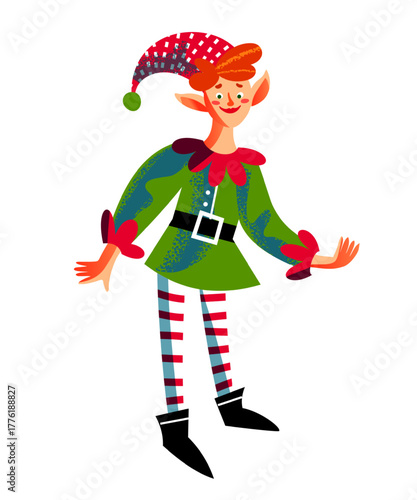Christmas elf in green costume with striped leggings. Smiling red haired character wearing red and white hat with pompom and festive belt. Cheerful holiday helper. Flat vector illustration.