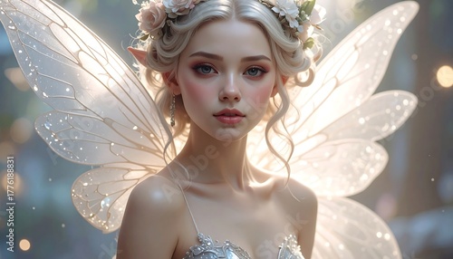 Dreamy portrait of a fair-skinned elf-like young woman with delicate features, soft lighting, and ethereal wings