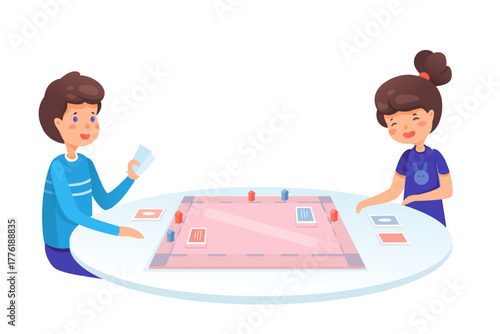 Kids playing board game at round table with cards and pieces, smiling boy and girl enjoying fun strategy activity. Light background with simple shapes and pastel tones. Cartoon vector illustration.
