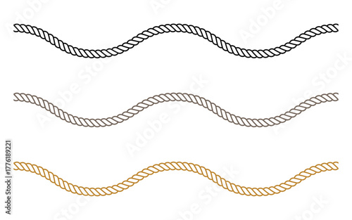 Wavy rope border set with black, grey, and gold colors for nautical themes or creative designs on white backdrop, evoking coastal vibes and adventure