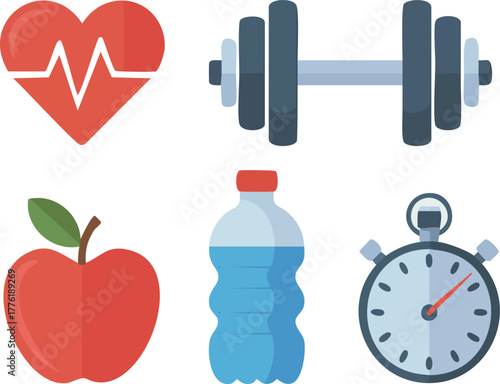 A vibrant set of medical icons and health and fitness symbols with a red heart representing love and passion for health and diet