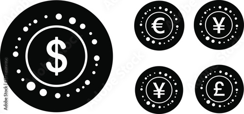 Set of Black Circle Currency Icons with Bubble Border Vector Illustration
