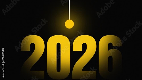 Animated happy new year 2026 illuminated by hanging light bulb on black background. 4k video