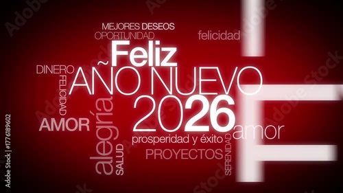 Feliz Año Nuevo 2026 internacional texto traducción nube de etiquetas	