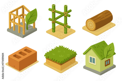 Eco-friendly building materials: bamboo, wood, brick, grass, sustainable housing icons