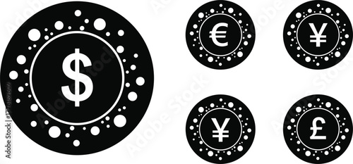 Set of Black Circle Currency Icons with Bubble Border Vector Illustration