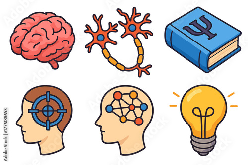 Icons representing brain, neurons, psychology, mental processes, and ideas
