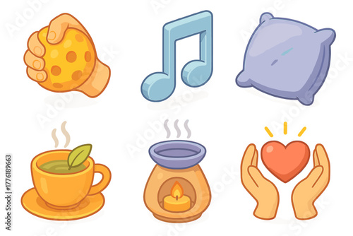 Cozy objects collection: stress ball, music note, pillow, tea cup, candle holder, heart