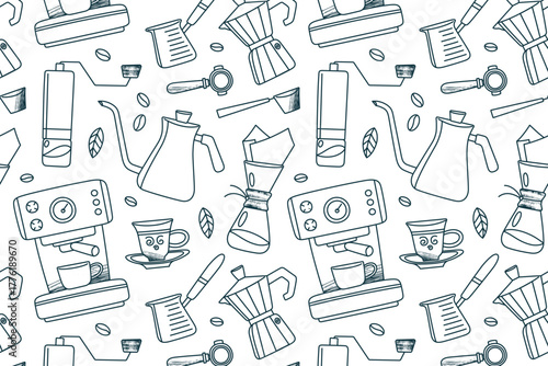 Modern black and white pattern with coffee brewing devices. Flat cartoon vector illustration with espresso machine, grinder and moka pot for cafe design, packaging and kitchen decor