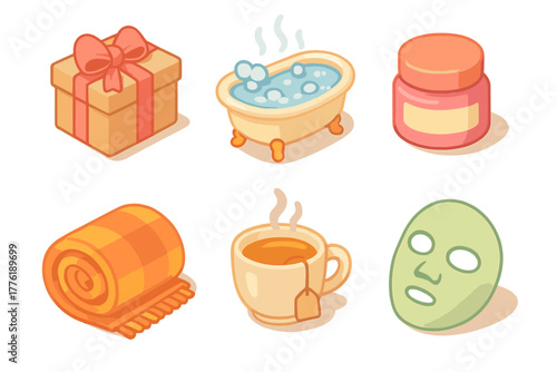 Relaxation and pampering essentials with gift box, bath, cream, blanket, tea, and face mask