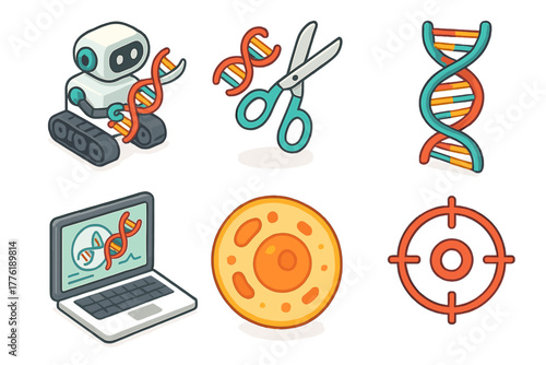 Futuristic robotics and dna icons with laptop, scissors, cell, and target