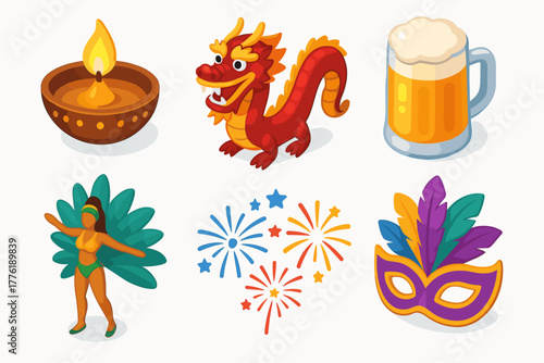 Festive icons: candle, dragon, beer, dancer, fireworks, mask