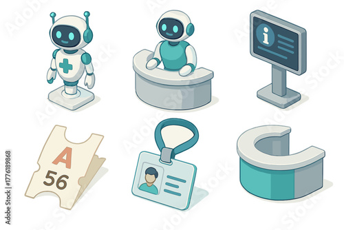 Isometric robot receptionist with information station and visitor accessories