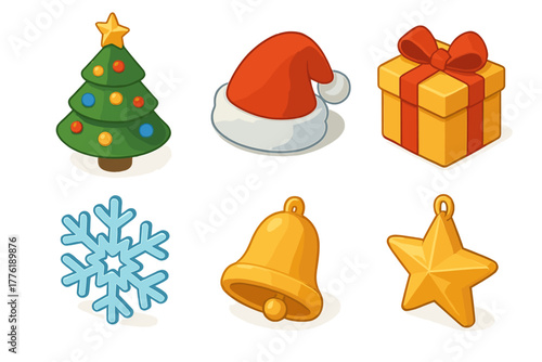 Festive christmas icons featuring tree, hat, gift, snowflake, bell, and star
