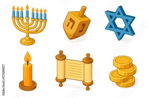 Hanukkah symbols: menorah, dreidel, star of david, candle, torah scroll, coins
