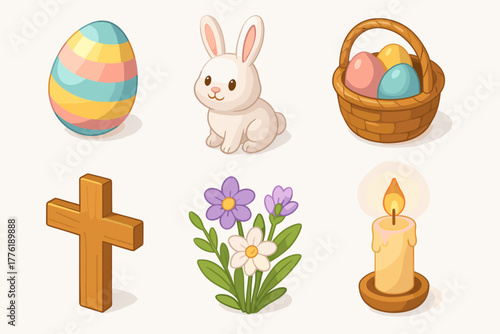 Colorful easter symbols: eggs, bunny, basket, cross, flowers, candle