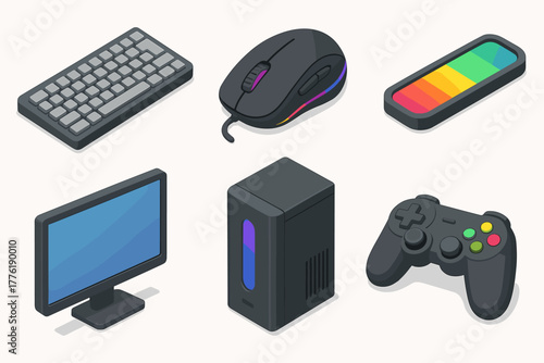 Isometric gaming setup with keyboard, mouse, console, game controller, and monitor