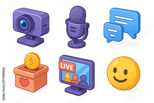 Set of communication icons: camera, microphone, chat, donation, live stream, emoji