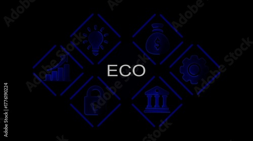 Photos E C O word with surrounding icons of business finance and ideas on black backgro